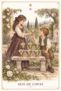 Seis de Copas · dos figuras jóvenes junto a copas con flores