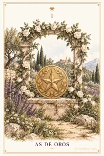 As de Oros · un disco dorado grande dentro de un arco vegetal