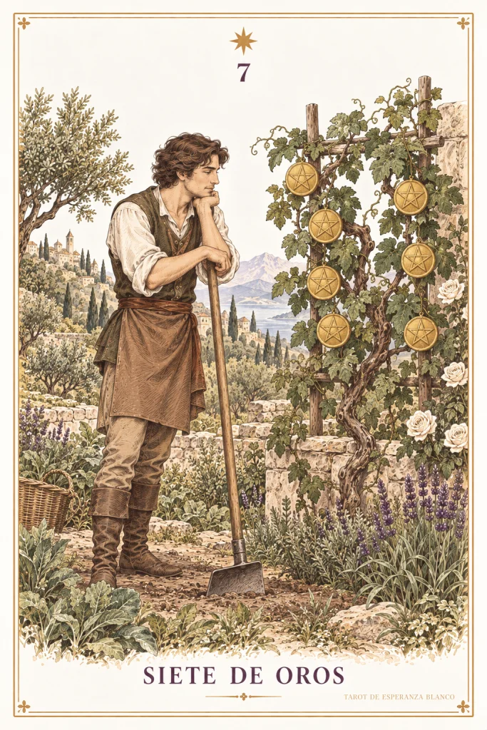 Siete de Oros · una figura apoyada en una herramienta ante una planta con discos