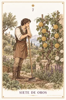 Siete de Oros · una figura apoyada en una herramienta ante una planta con discos