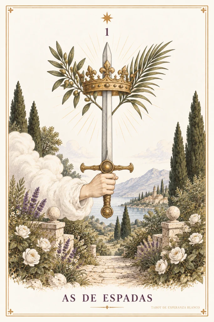 As de Espadas · una mano que sostiene una espada erguida con una corona