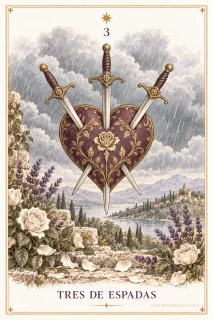 Tres de Espadas · un corazón atravesado por tres espadas bajo un cielo nuboso