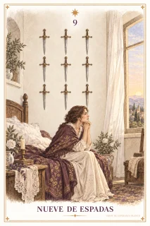 Nueve de Espadas · una figura sentada en una cama y nueve espadas en la pared