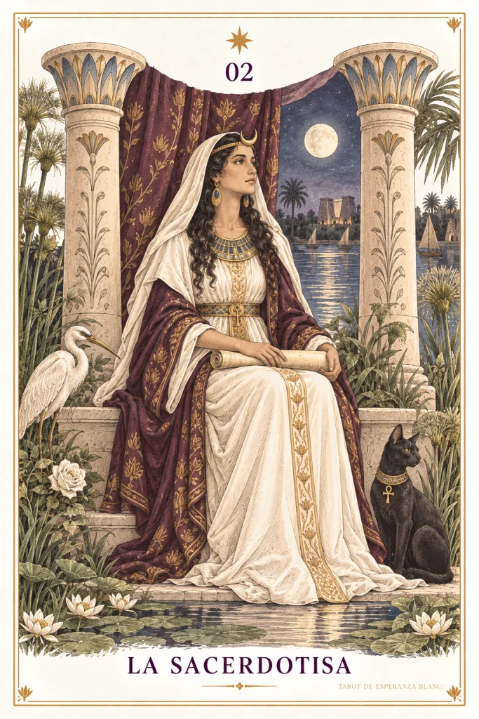 A Sacerdotisa · uma figura sentada entre colunas, um livro e uma lua