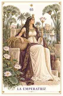 La Emperatriz · una figura coronada sentada entre flores y plantas