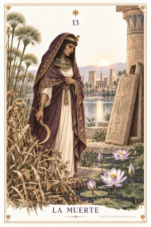La Muerte · una figura encapuchada junto a plantas secas y una columna