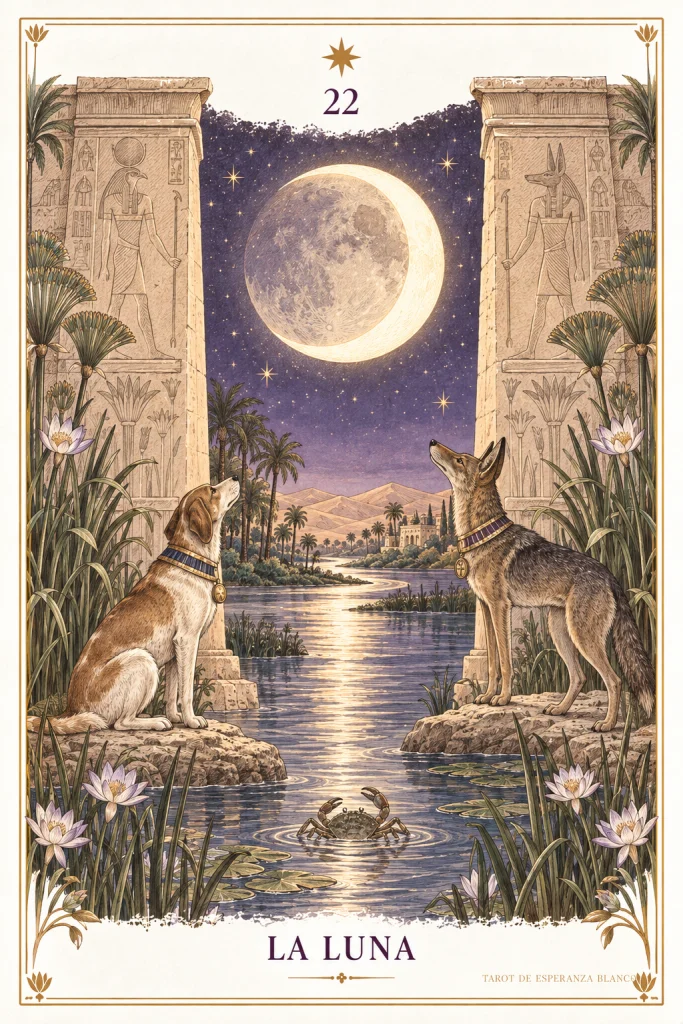 Der Mond · ein heller Mond zwischen Säulen, zwei Tiere und ein Wasserlauf