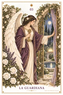 La Guardiana · una figura alada junto a un libro, un farol y una cortina oscura