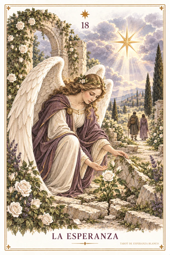 La Esperanza · una figura alada arrodillada junto a flores y agua bajo una estrella