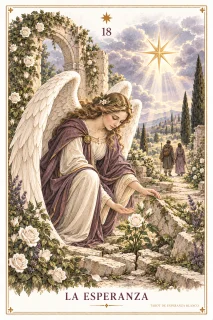 La Esperanza · una figura alada arrodillada junto a flores y agua bajo una estrella