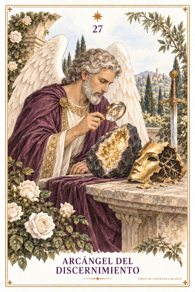 Arcángel del Discernimiento · una figura alada con libro abierto y una calavera sobre una mesa