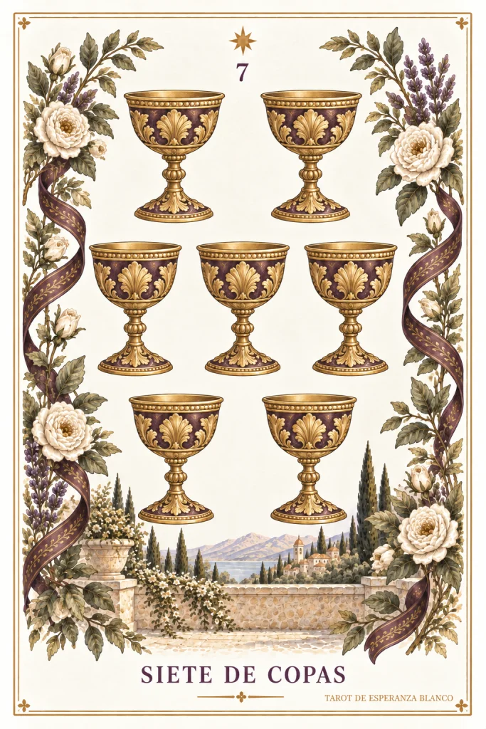 Sieben Kelche · 7 goldene Kelche und Pflanzenmotive an den Rändern