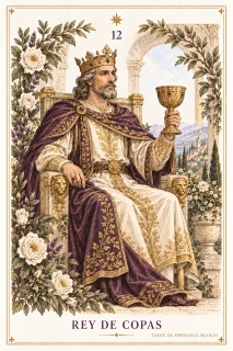 Rey de Copas · una figura coronada en un trono con el emblema de su palo