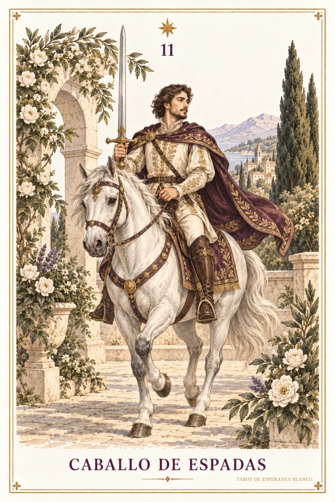 Cavaleiro de Espadas · uma figura a cavalo com o emblema do naipe
